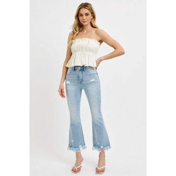 Risen Denim - RISEN Raw Hem Distressed Cropped Flare Jeans NWT